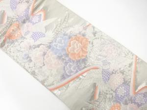 プラチナ箔　孔雀に牡丹・萩模様織り出し　袋帯